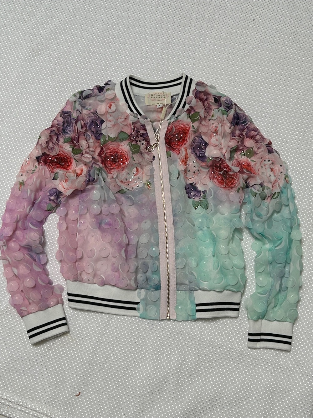 Amazing! Hannah Banana Multi Colored Floral Sequined Ombre Baseball Jacket . NWT